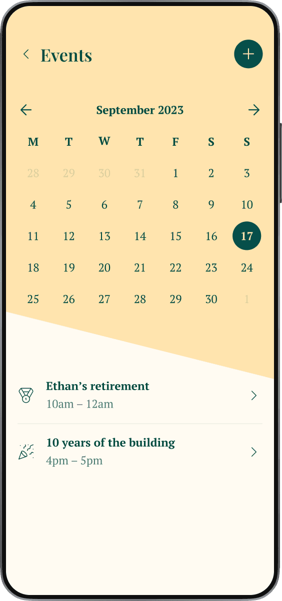 Tower Societies app calendar screen