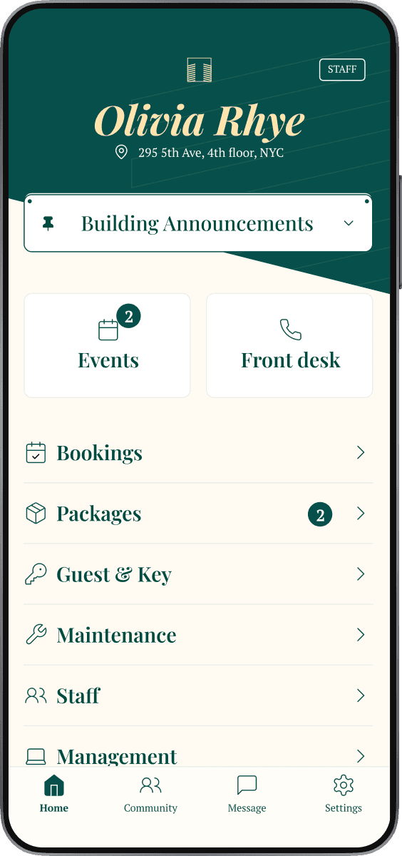 Tower Societies app resident home screen